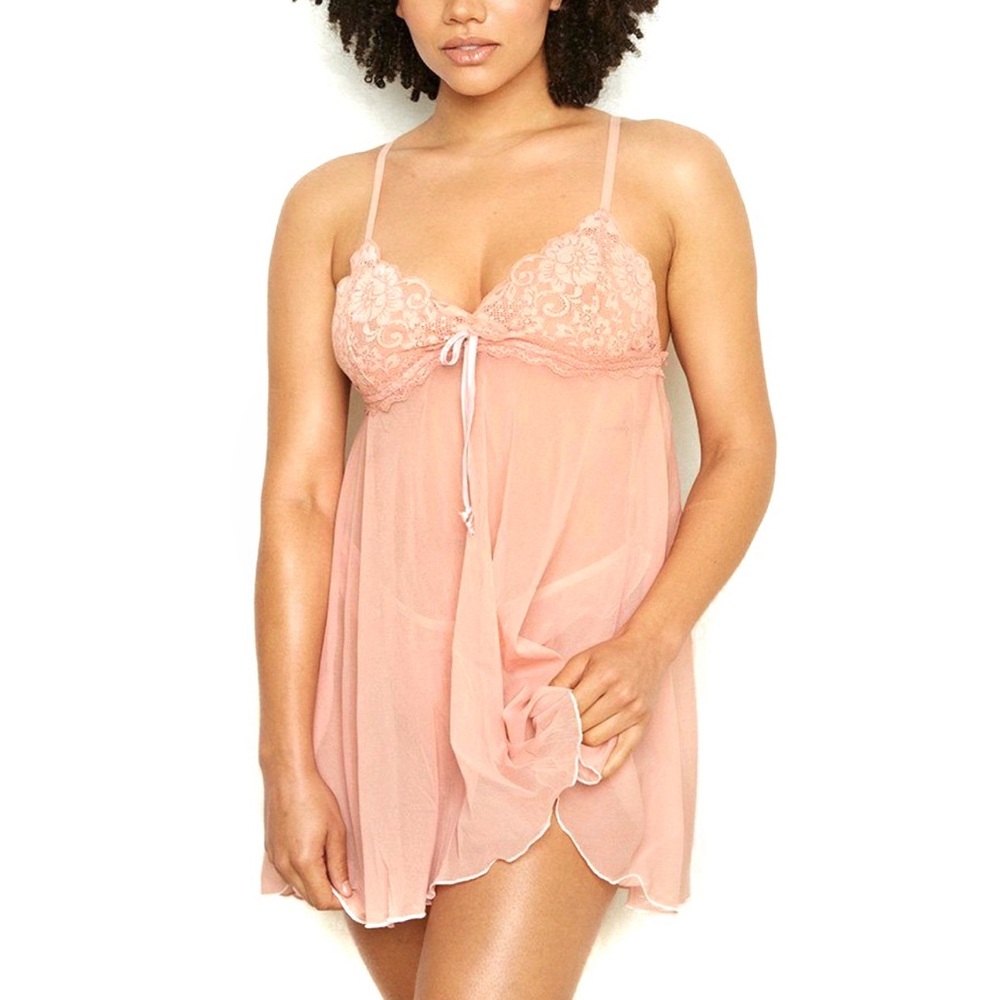 HAH Revolve Ur Hah Doll Pink Slip Lace and Mesh Semi Sheer Lingerie Dress Top